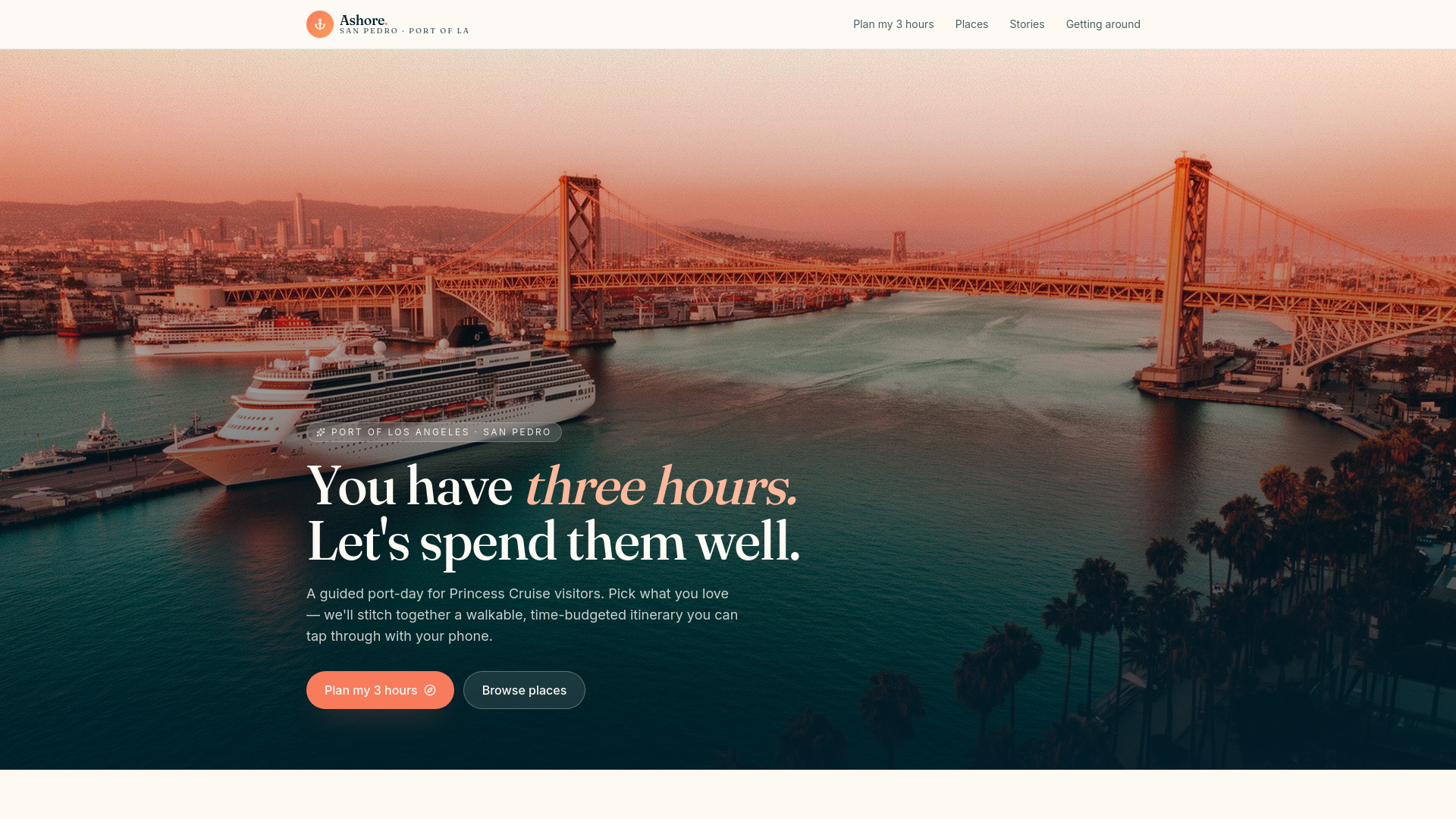 Ashore Local website showing the San Pedro waterfront